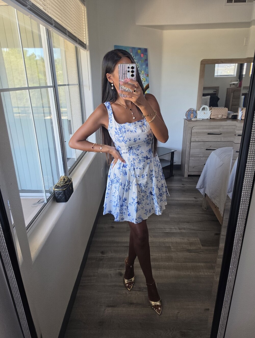 White Mini Dress with Blue Floral Print - Picture 6 of 13